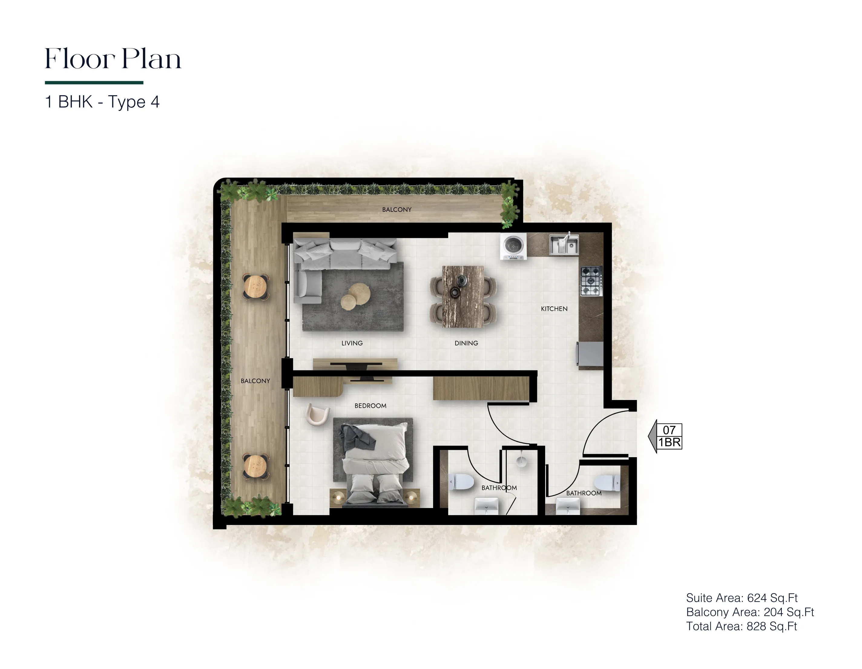 1 Bedroom Type 4 - Total 828 Sq.Ft