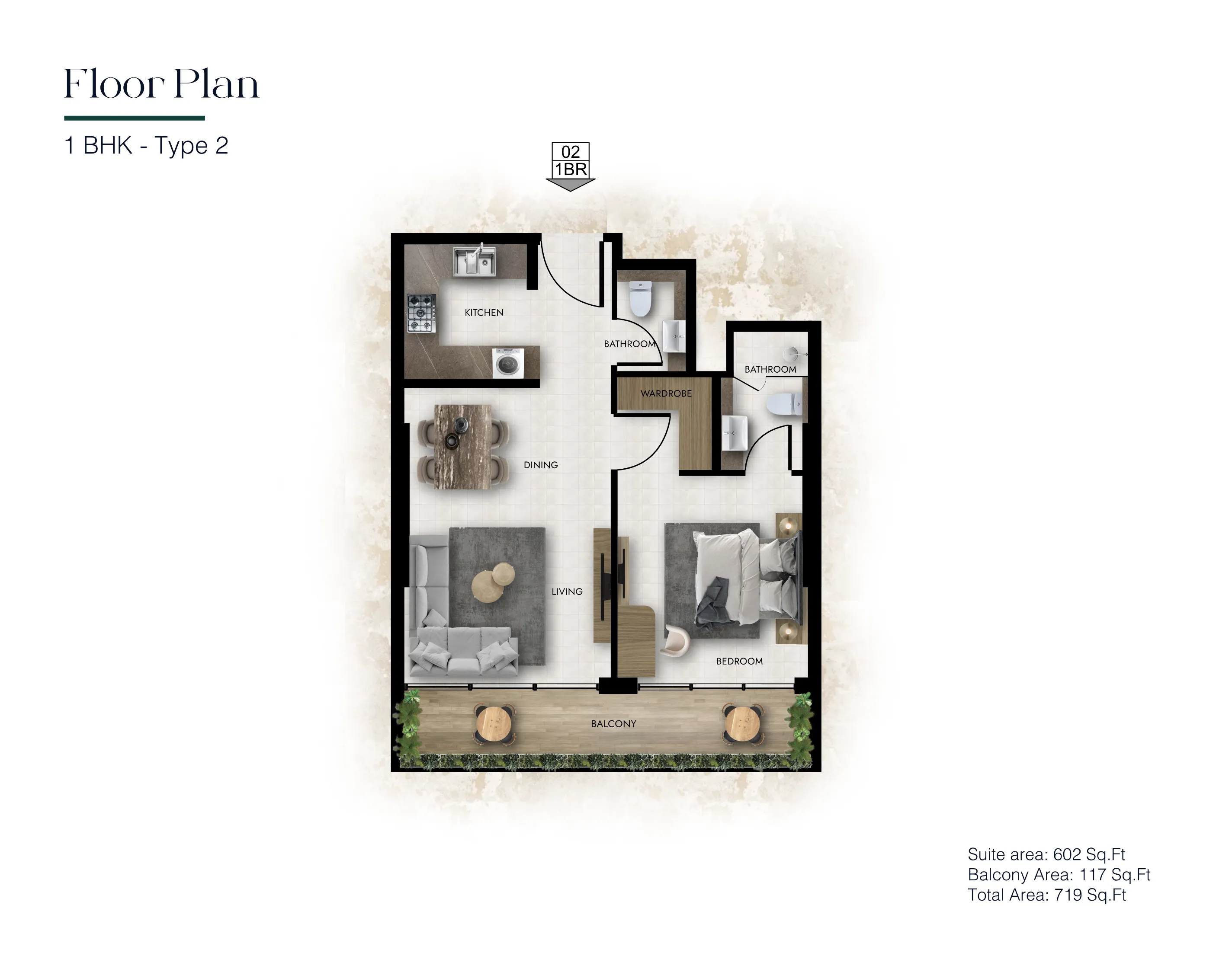 1 Bedroom Type 2 - Total 719 Sq.Ft