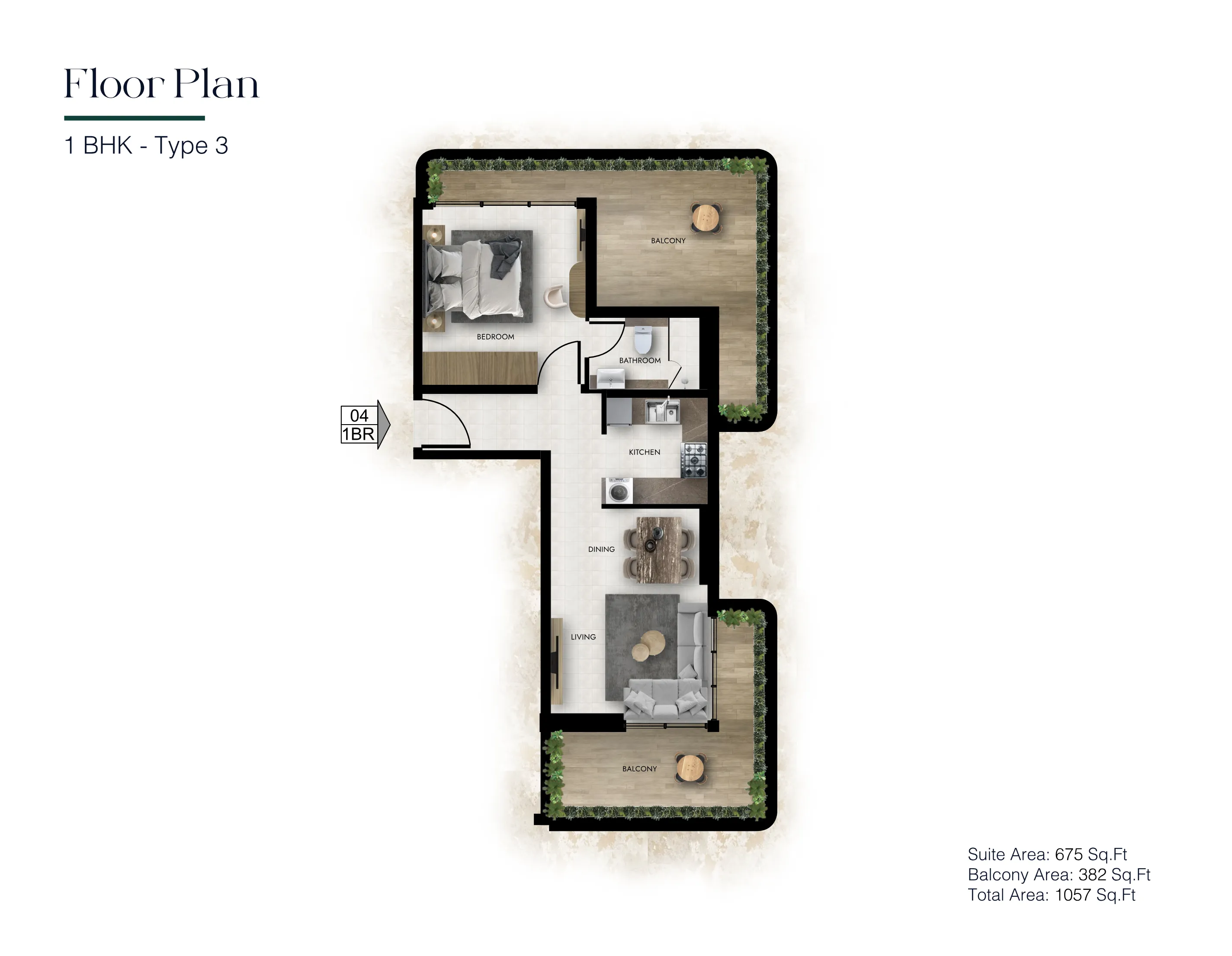 1 Bedroom Type 3 - Total 1,057 Sq.Ft