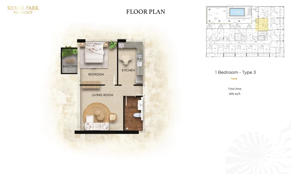 1 Bedroom floor plan 3